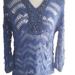 Chicos Blue Crochet Knit Beaded V-Neck Sweater Top Womens Size 1